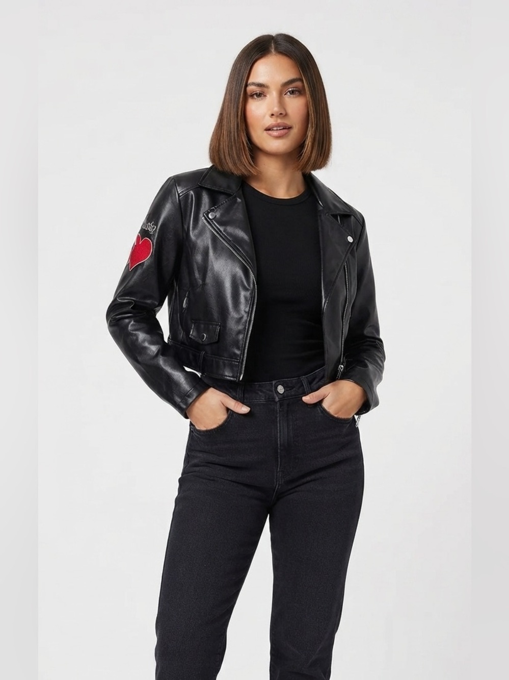 Chucky/Tiffany Faux Leather Biker Jacket with Heart/Dagger Patchwork Size Medium